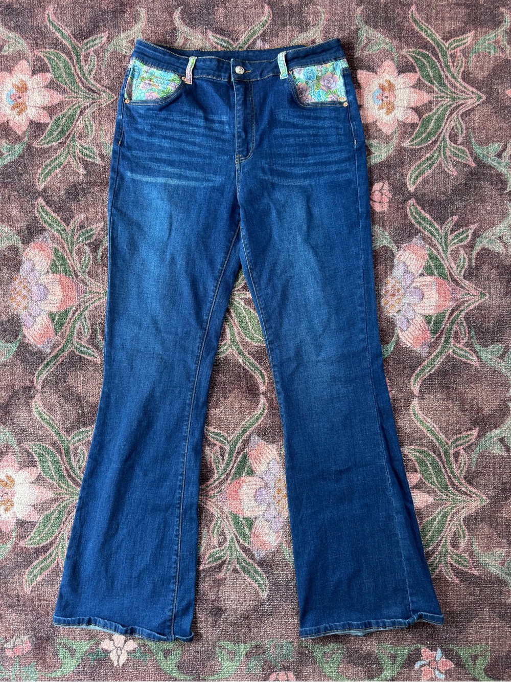 Ranch Dress’n Dark Blue Women's Flare Jeans with Patterned Floral Pocket Trim